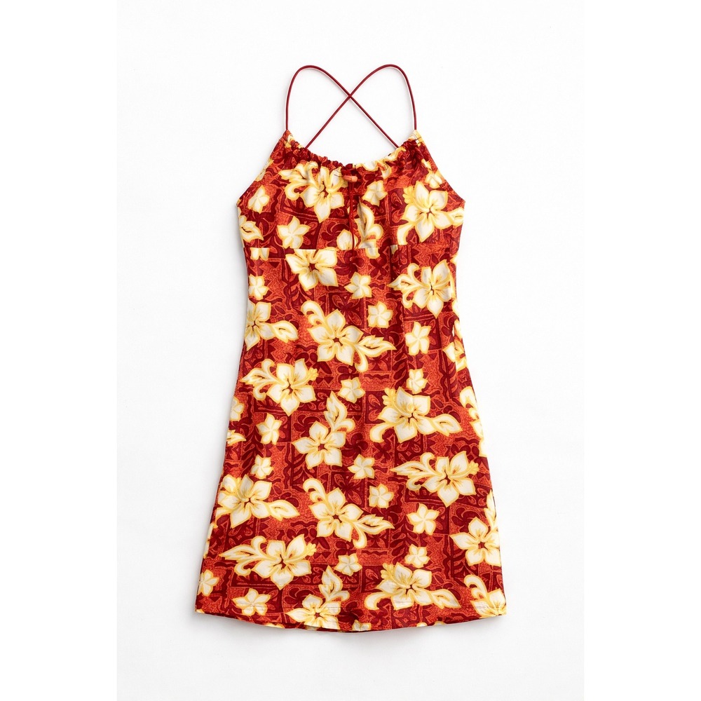 VTG Y2K Miken Hawaiian Floral Mini Dress Red Yellow Bungee Strap USA made Small - Picture 10 of 10